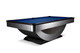 Poshy Reverse Rainbow pool table by Doc & Holliday, 3/4 view with Euro Blue Championship felt, silver metallic base, and matte black rails. Poshy Reverse Rainbow pool table by Doc & Holliday, 3/4 view with Euro Blue Championship felt, silver metallic base, and matte black rails.